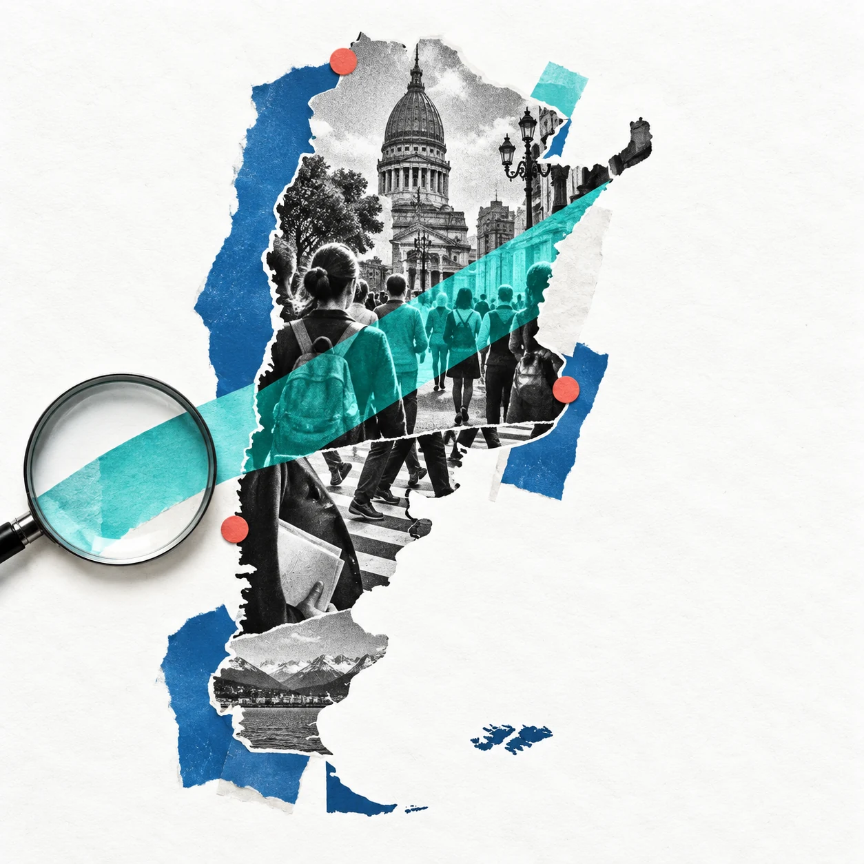 Collage de escenas de la vida pública dentro de la silueta de Argentina