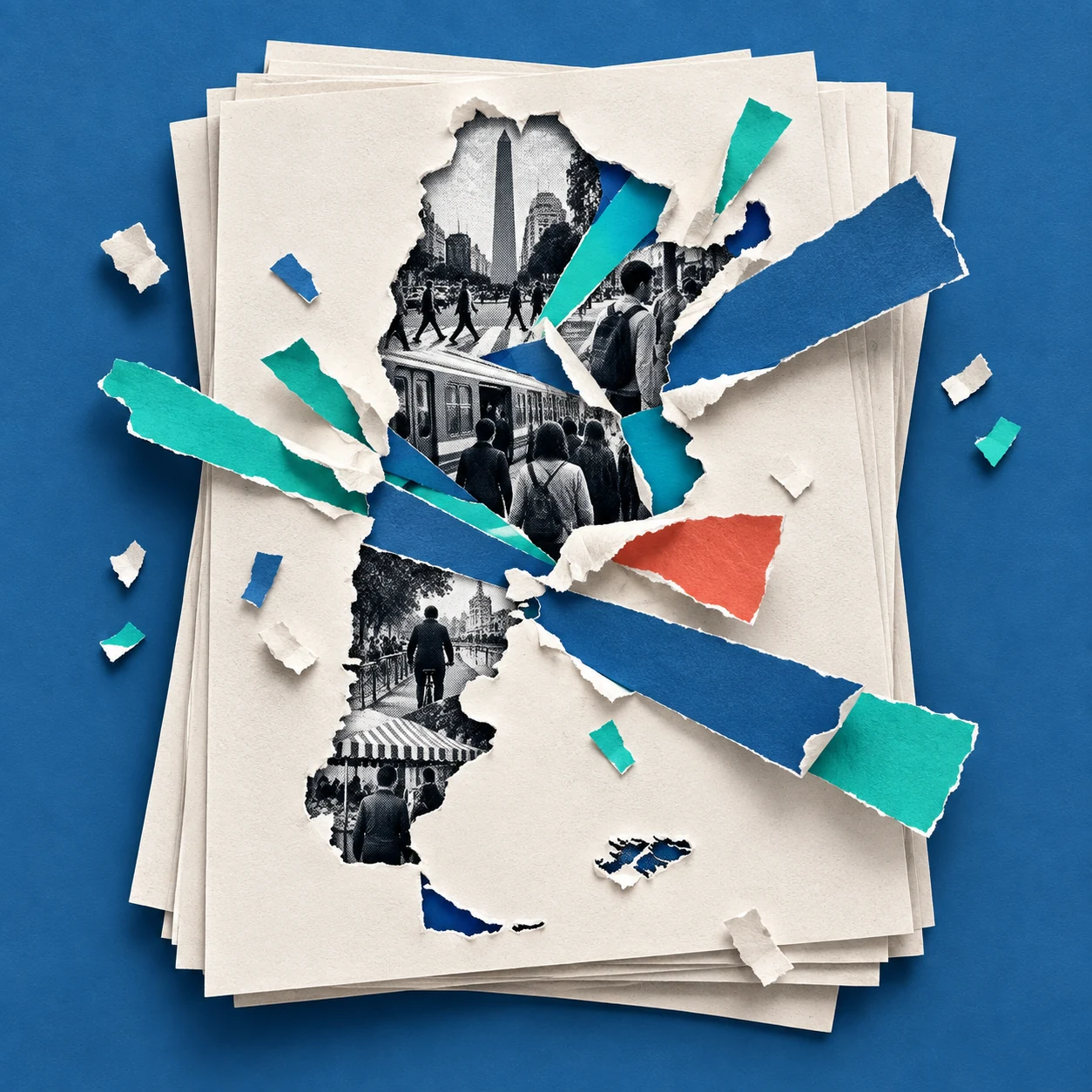 Collage de papeles rasgados y fragmentos de datos que atraviesan Argentina